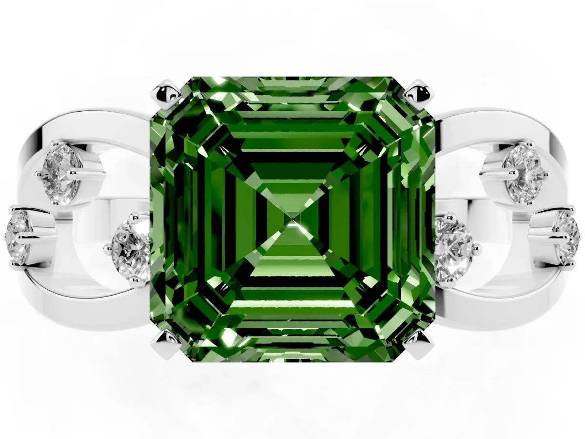Fancy Green Asscher Cut Cut Solitaire Diamond with Side Stones on Criss-Cross Band and Four-Prong Setting Silver