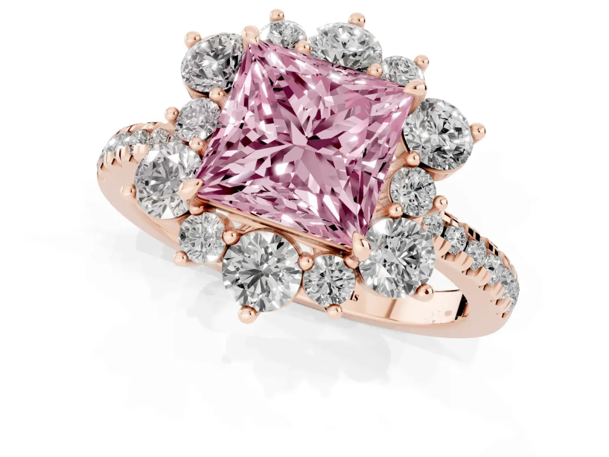 Fancy Pink Princess Cut Diamond Floral Halo Ring with Round Pavé Band and Prong Setting Rose gold