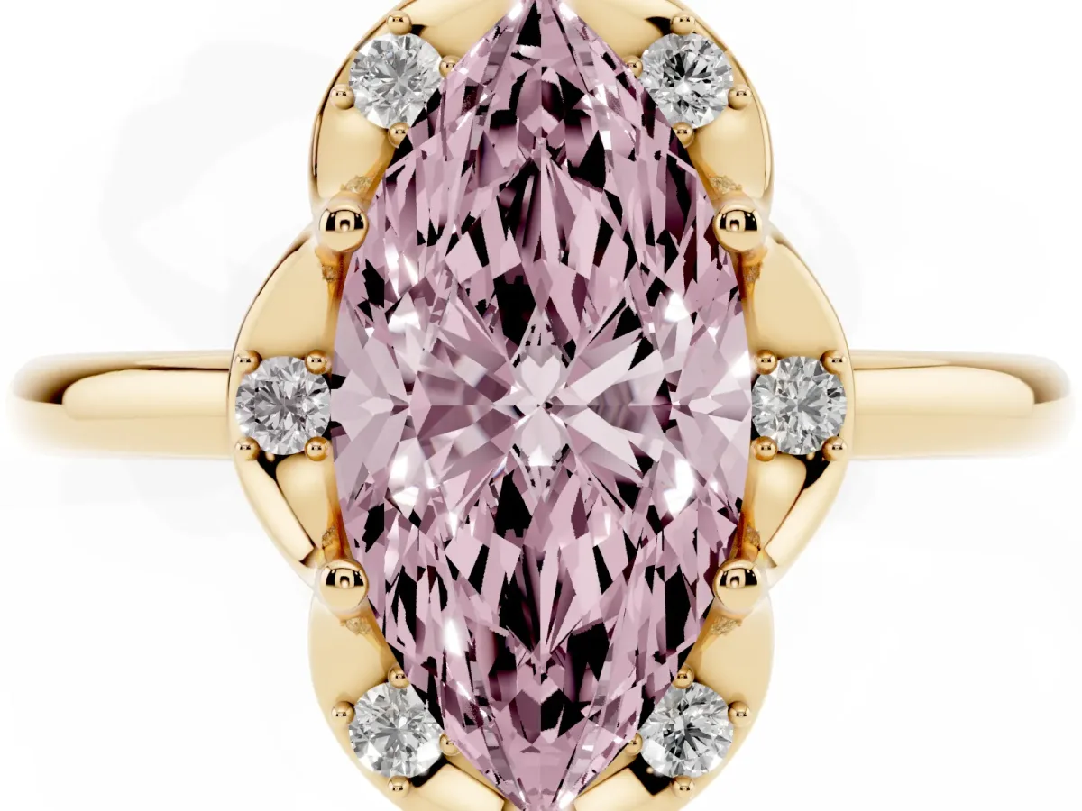 Fancy Pink Marquise Cut Halo Diamond Ring with Round Cluster Setting, Solitaire Band, and Four-Prong Setting Yellow gold