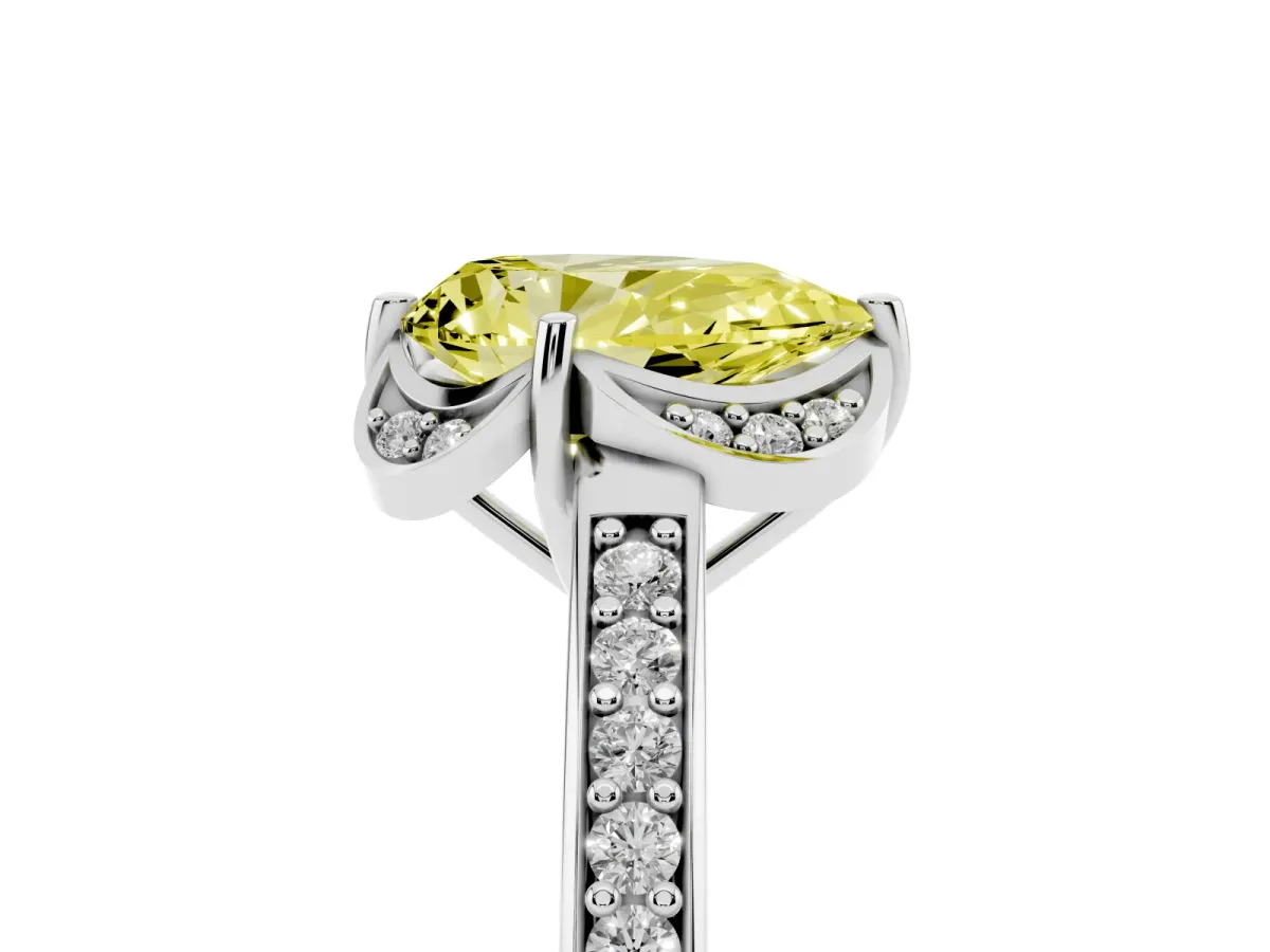 Fancy Yellow Pear Cut Cut Halo Diamond Ring with Channel Set Band and Four-Prong Setting White gold