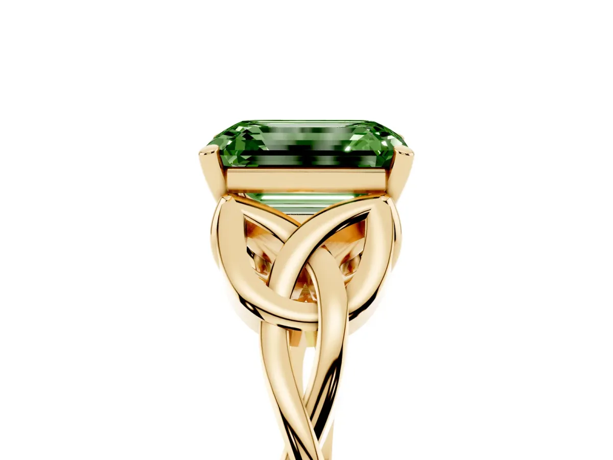 Fancy Green Emerald Cut Diamond Solitaire Engagement Ring with Celtic Knot Band and Four-Prong Setting Yellow gold