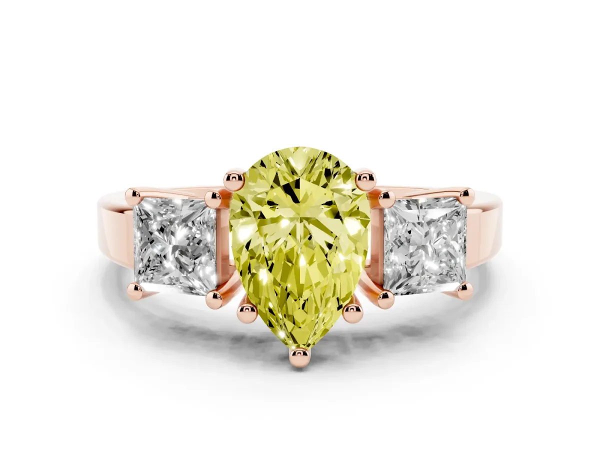 Fancy Yellow Three-Stone Pear Cut Cut Solitaire Ring with Prong Setting Rose gold