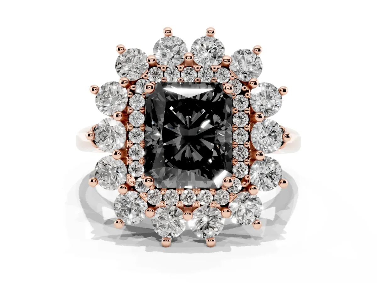 Fancy Black Radiant Cut Diamond Floral Double Halo Engagement Ring with Prong Setting Rose gold