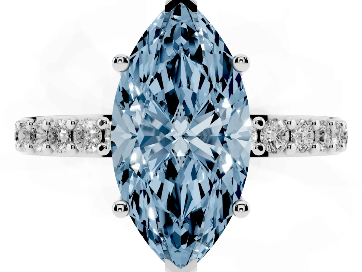 Fancy Blue Marquise Cut Cut Diamond Solitaire with Pave Band and Four-Prong Setting Silver