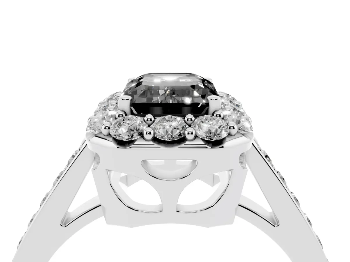 Fancy Black Emerald Cut Diamond Floral Halo Ring with Pavé Band and Prong Setting White gold