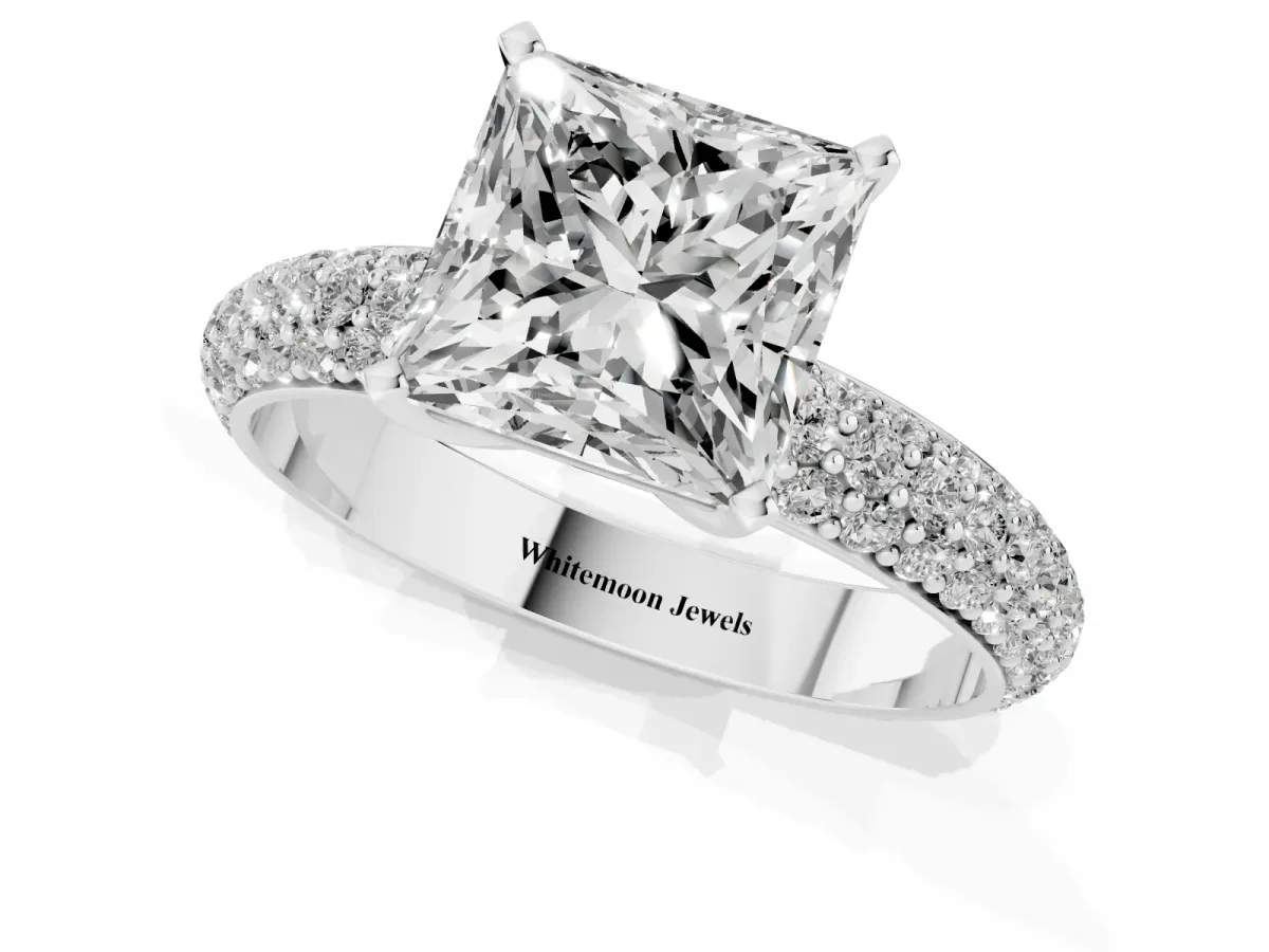 Princess Cut Diamond Solitaire Ring with Prong Setting and Pavé Band Silver