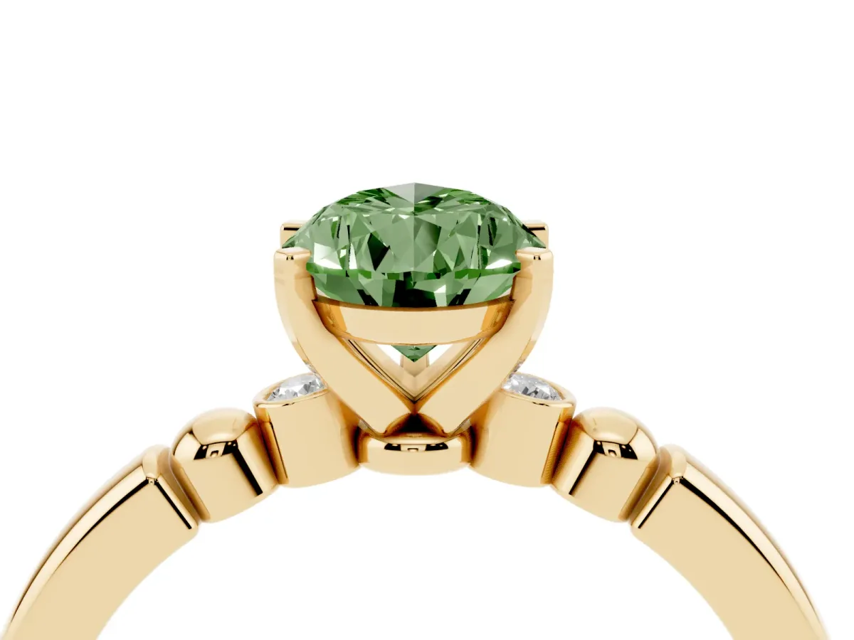 Fancy Green Pear Cut Solitaire Beaded Band with Four-Prong Setting Yellow gold