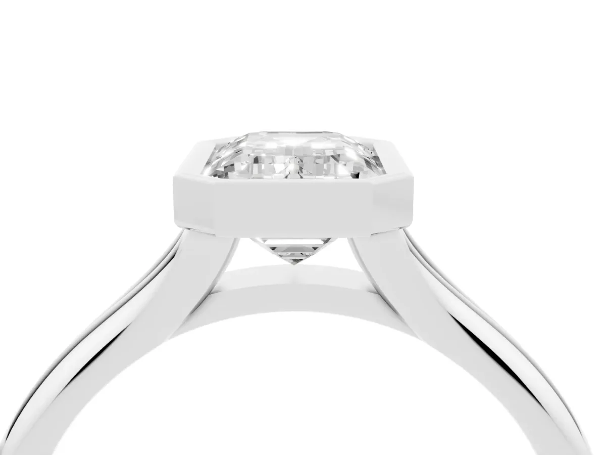 Bezel Set Emerald Cut Solitaire Diamond Ring with Smooth Band Silver