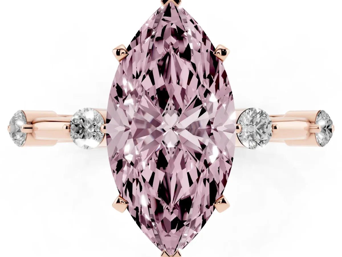 Fancy Pink Marquise Cut Solitaire Diamond Ring with Bezel Set Side Stones and Prong Setting Rose gold
