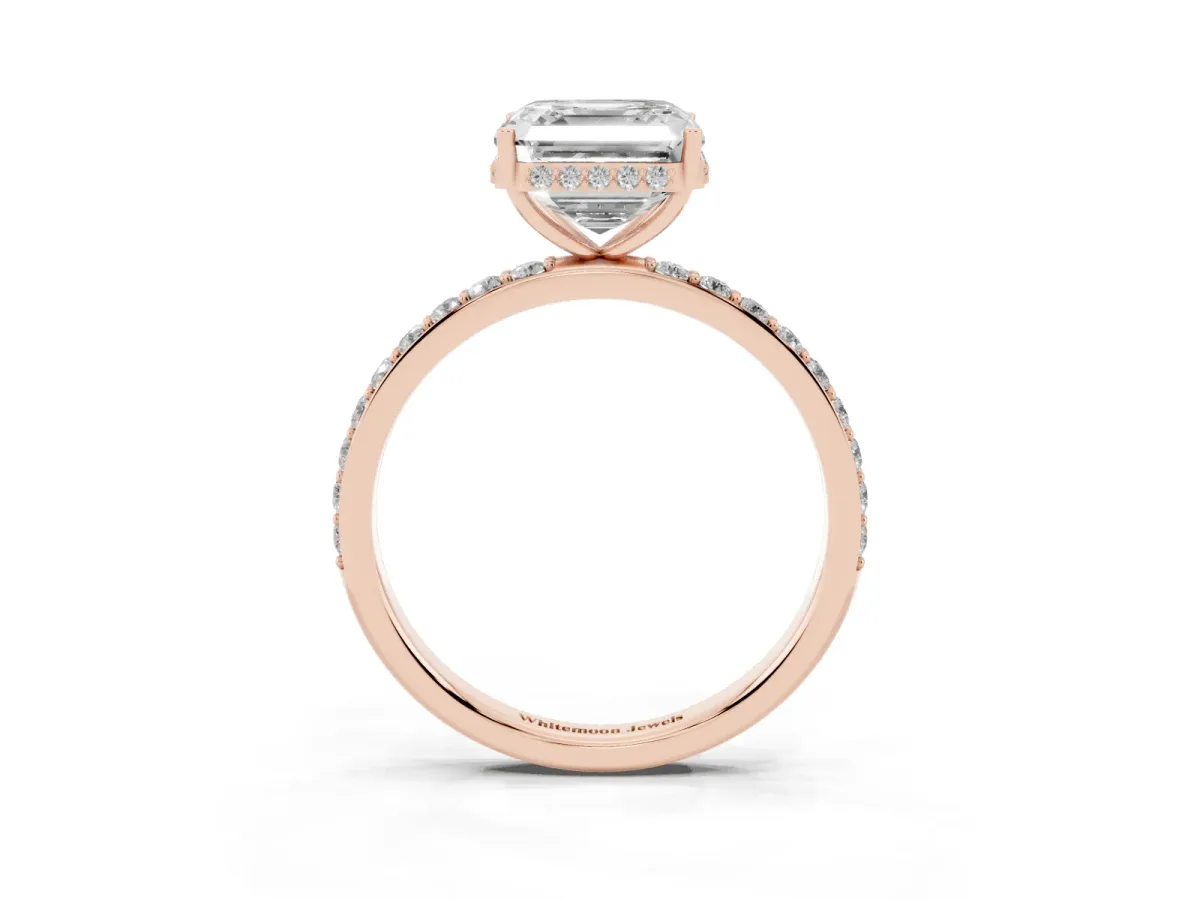 Asscher Cut Diamond Solitaire Ring with Pavé Band and Hidden Halo Rose gold