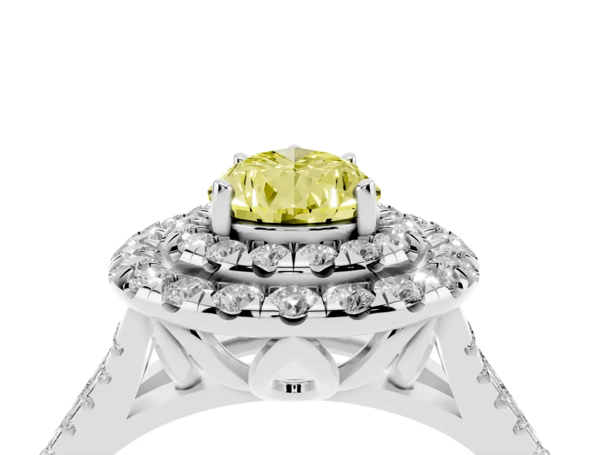 Fancy Yellow Double Halo Pear Cut Diamond Pavé Split Shank Ring with Prong Setting White gold