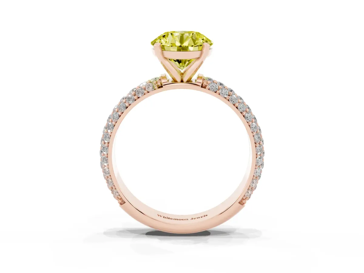 Fancy Yellow Round Cut Diamond Solitaire Ring with Prong Setting and Pavé Band Rose gold