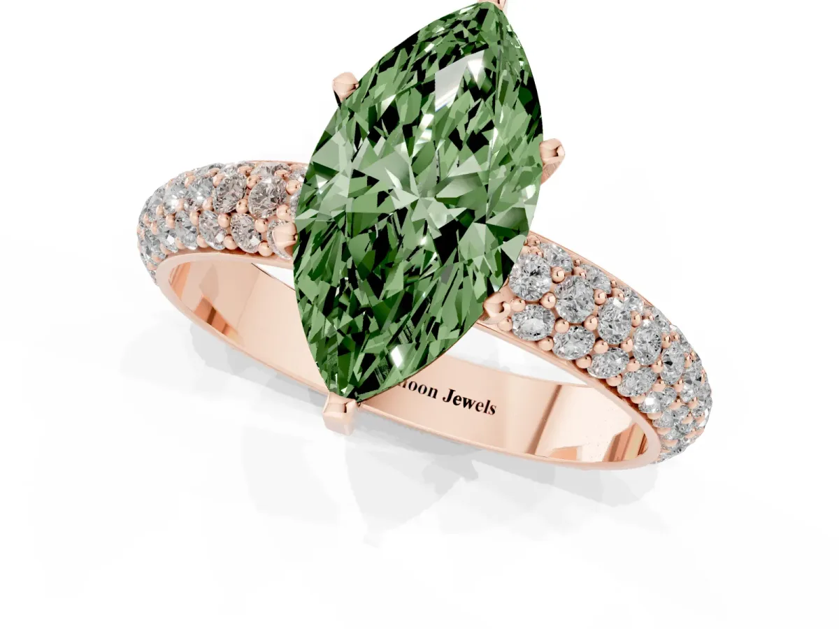 Fancy Green Marquise Cut Diamond Solitaire Ring with Prong Setting and Pavé Band Rose gold