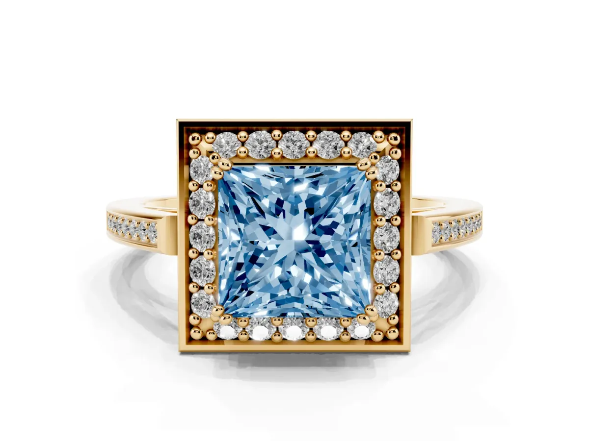 Fancy Blue Princess Cut Diamond Halo Ring with Split Shank and Four-Prong Setting Yellow gold