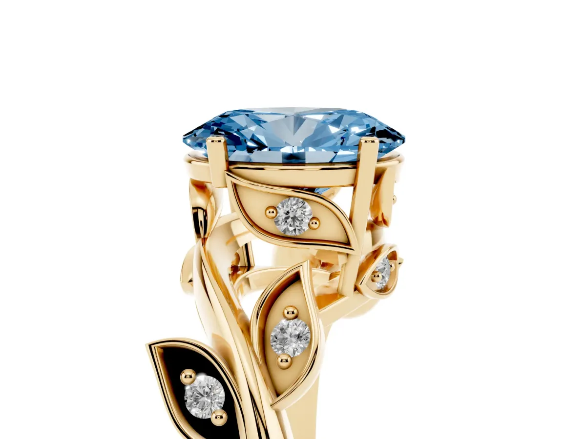 Fancy Blue Oval Cut Solitaire Twist Engagement Ring with Leaf Accents and Prong Setting Yellow gold