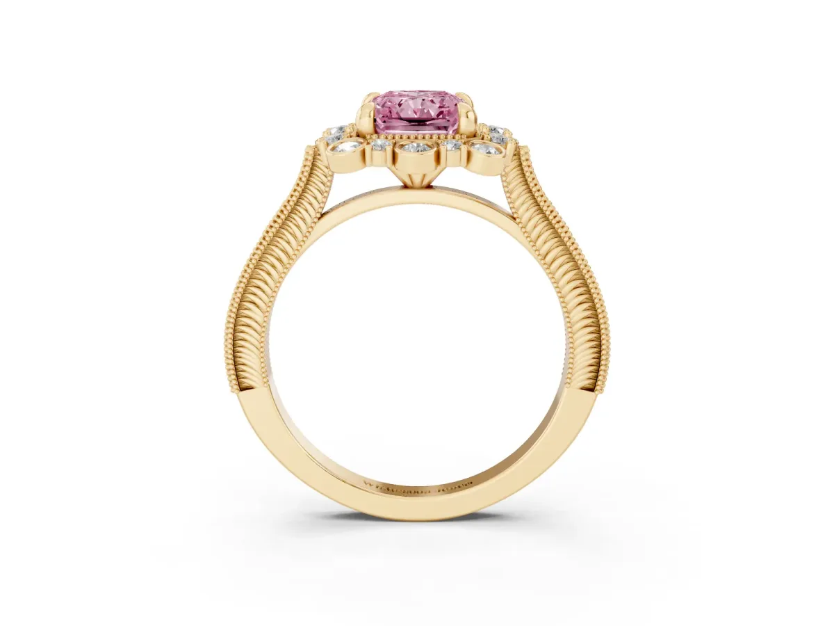 Fancy Pink Radiant Cut Halo Milgrain Pave Diamond Ring with Four-Prong Setting Yellow gold