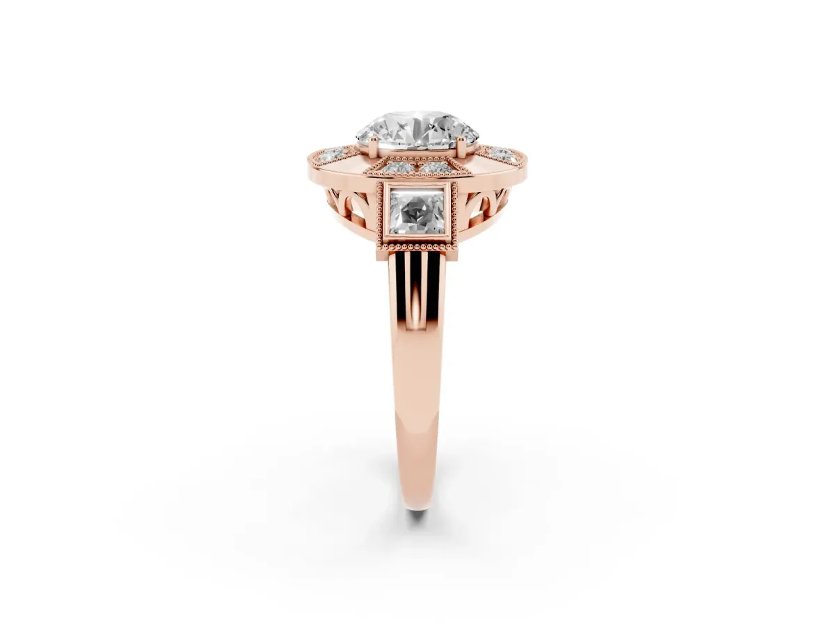 Milgrain Round Cut Diamond Halo Split Shank Ring Rose gold