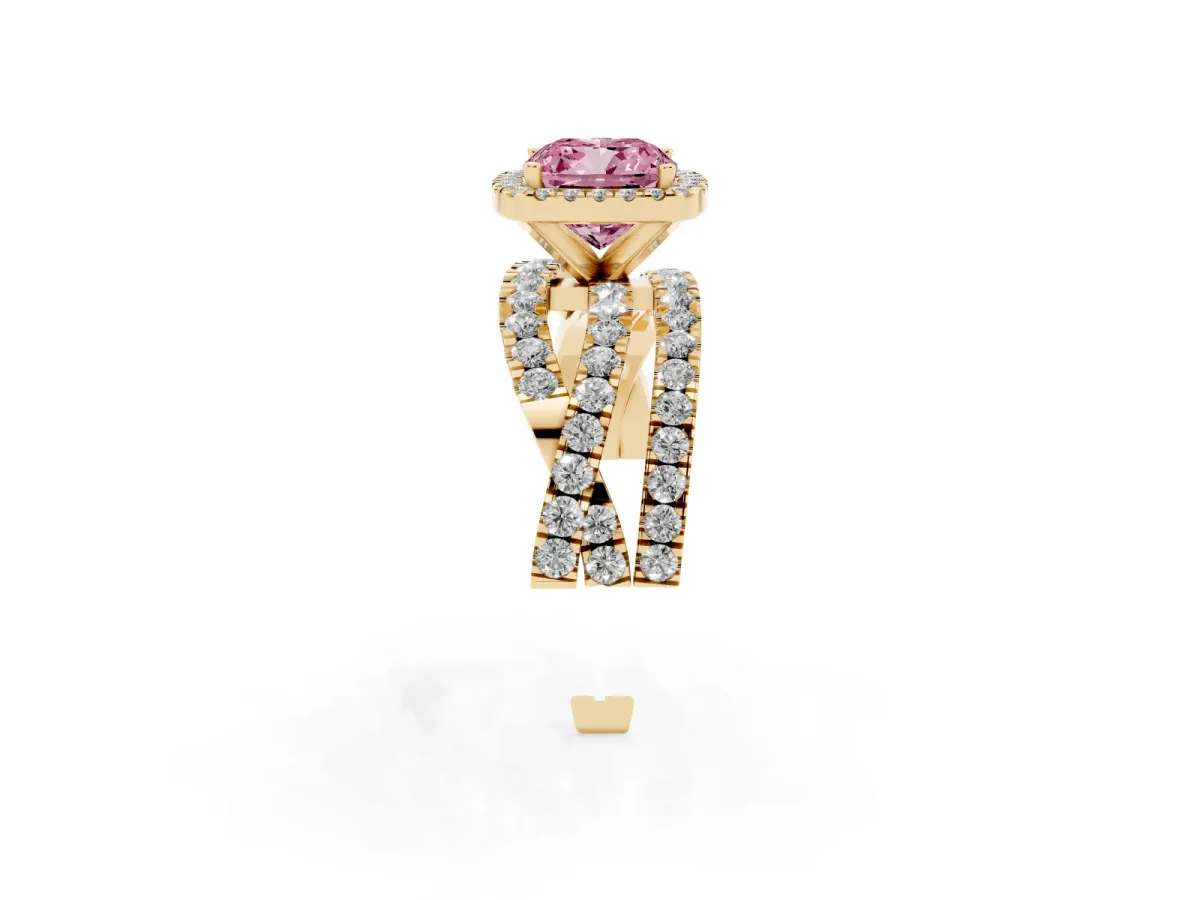 Fancy Pink Cushion Cut Diamond Halo Ring with Round Split Shank and Prong Setting Yellow gold