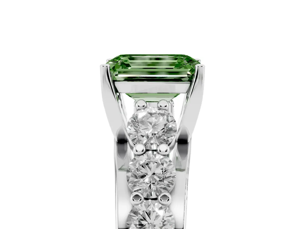 Fancy Green Emerald Cut Diamond Engagement Ring with Pavé Band and Four-Prong Setting Platinum