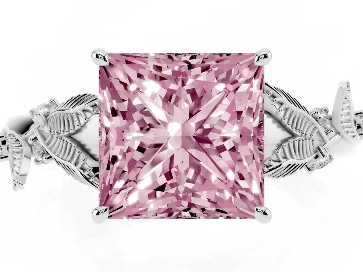 Fancy Pink Princess Cut Diamond Solitaire Ring with Leaf Motif Band and Four-Prong Setting Platinum