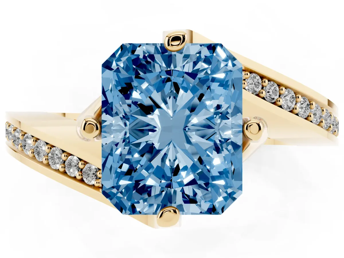 Fancy Blue Radiant Cut Solitaire Diamond Twist Band with Pavé Setting and Four-Prong Setting Yellow gold