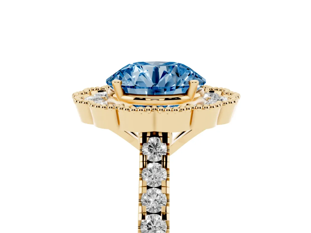 Fancy Blue Round Cut Cut Diamond Milgrain Floral Halo Engagement Ring with Pavé Band Yellow gold