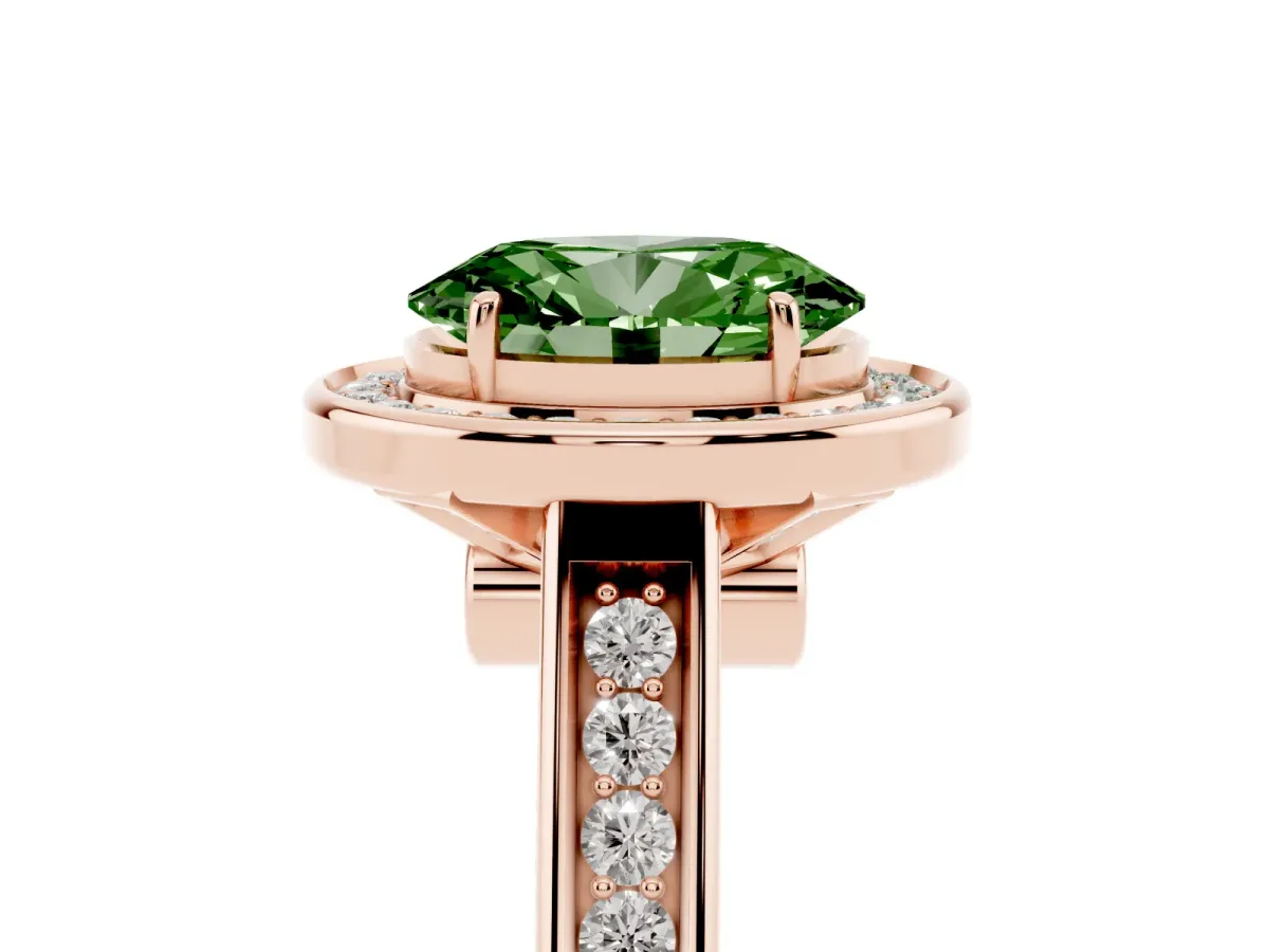 Fancy Green Oval Cut Halo Solitaire Diamond Ring with Pave Band and Bezel Setting Rose gold