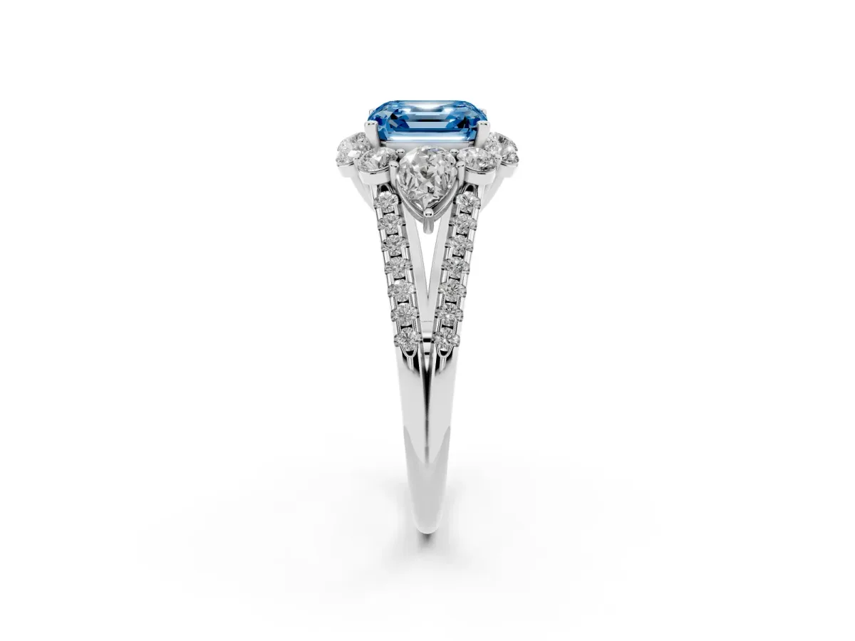 Fancy Blue Asscher Cut Halo Split Shank Diamond Engagement Ring with Prong Setting Silver