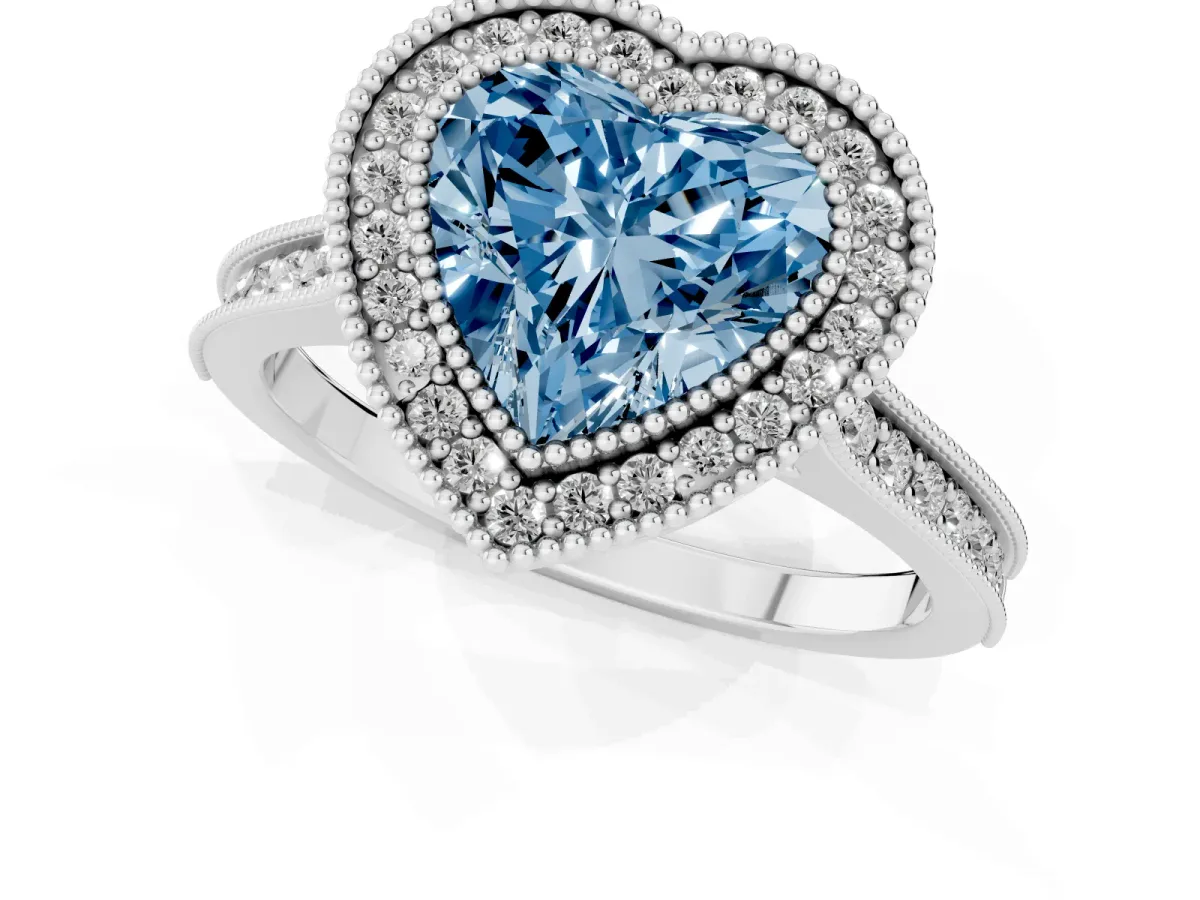 Fancy Blue Halo Heart Cut-Cut Diamond Pave Band Milgrain Prong Setting Ring Silver