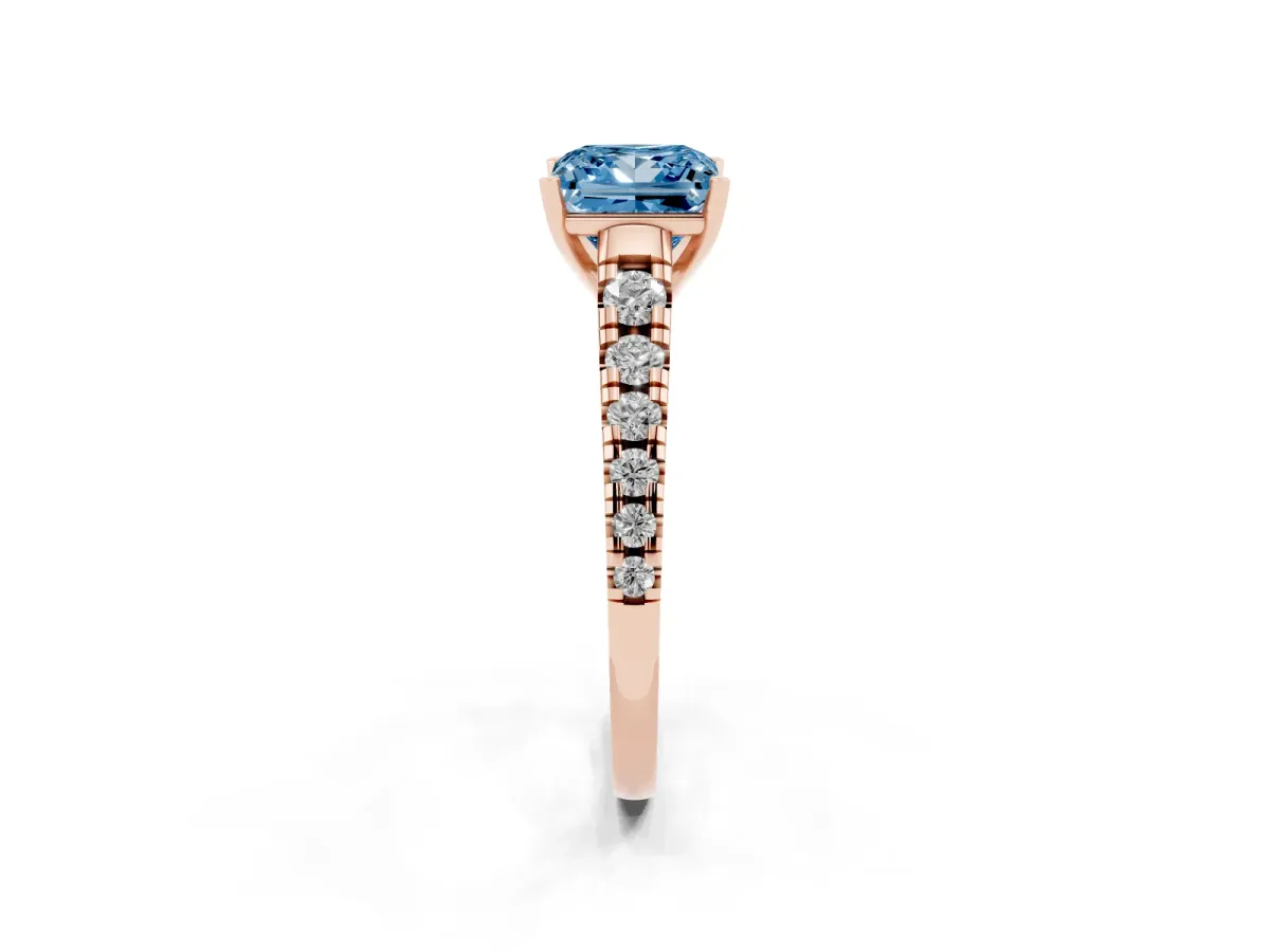 Fancy Blue Princess Cut Diamond Cathedral Solitaire Ring with Round Pavé Band Rose gold