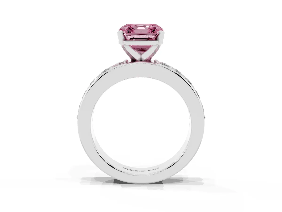 Fancy Pink Asscher Cut Diamond Engagement Ring with Channel Set Round Band and Prong Setting White gold