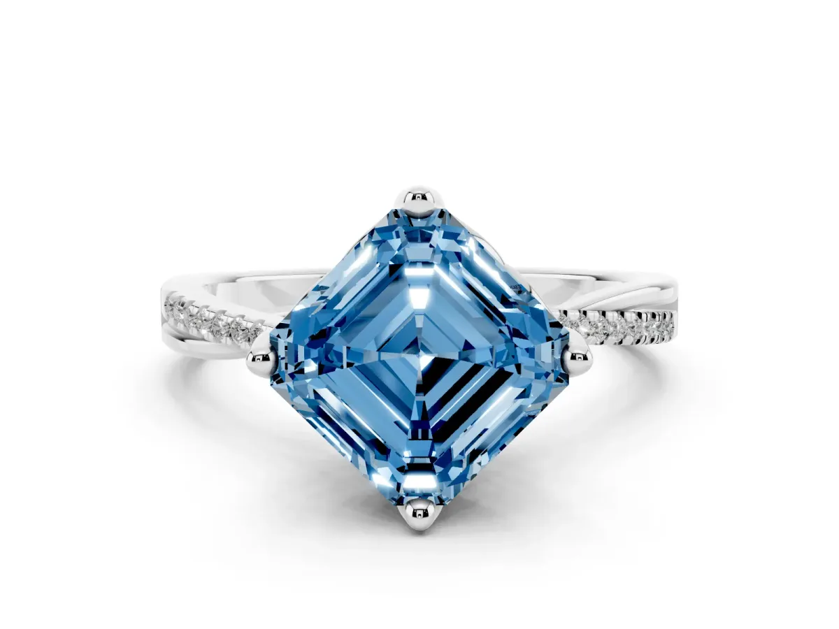 Fancy Blue Asscher Cut Solitaire Twist Band with Pavé Diamonds and Four-Prong Setting White gold