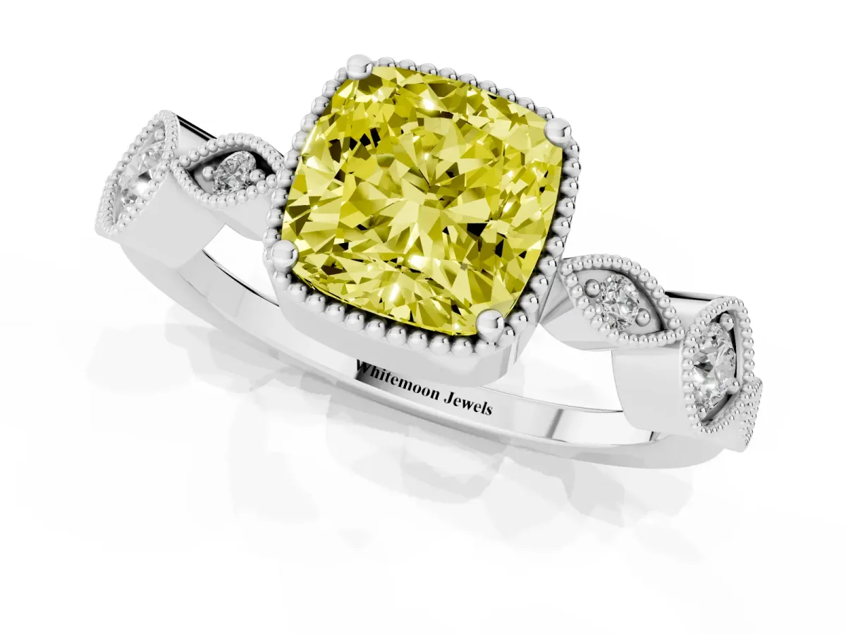 Fancy Yellow Cushion Cut Diamond Vintage Milgrain Ring with Round Stations Silver