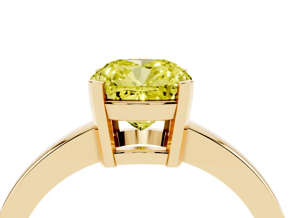 Fancy Yellow Cushion Cut Cut Solitaire Ring with Four-Prong Setting and Classic Band Yellow gold
