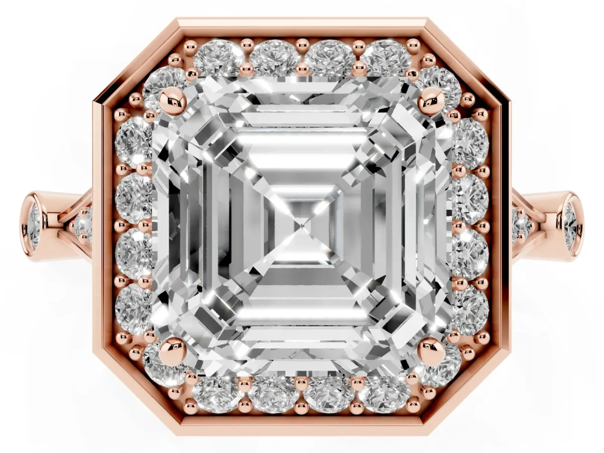Asscher Cut Halo Diamond Engagement Ring with Twisted Band and Four-Prong Setting Rose gold