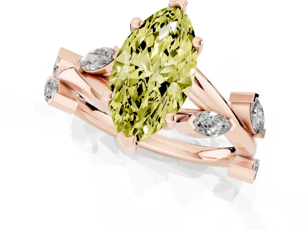 Fancy Yellow Marquise Cut Solitaire Twisted Band Marquise Accent Prong Setting Ring Rose gold