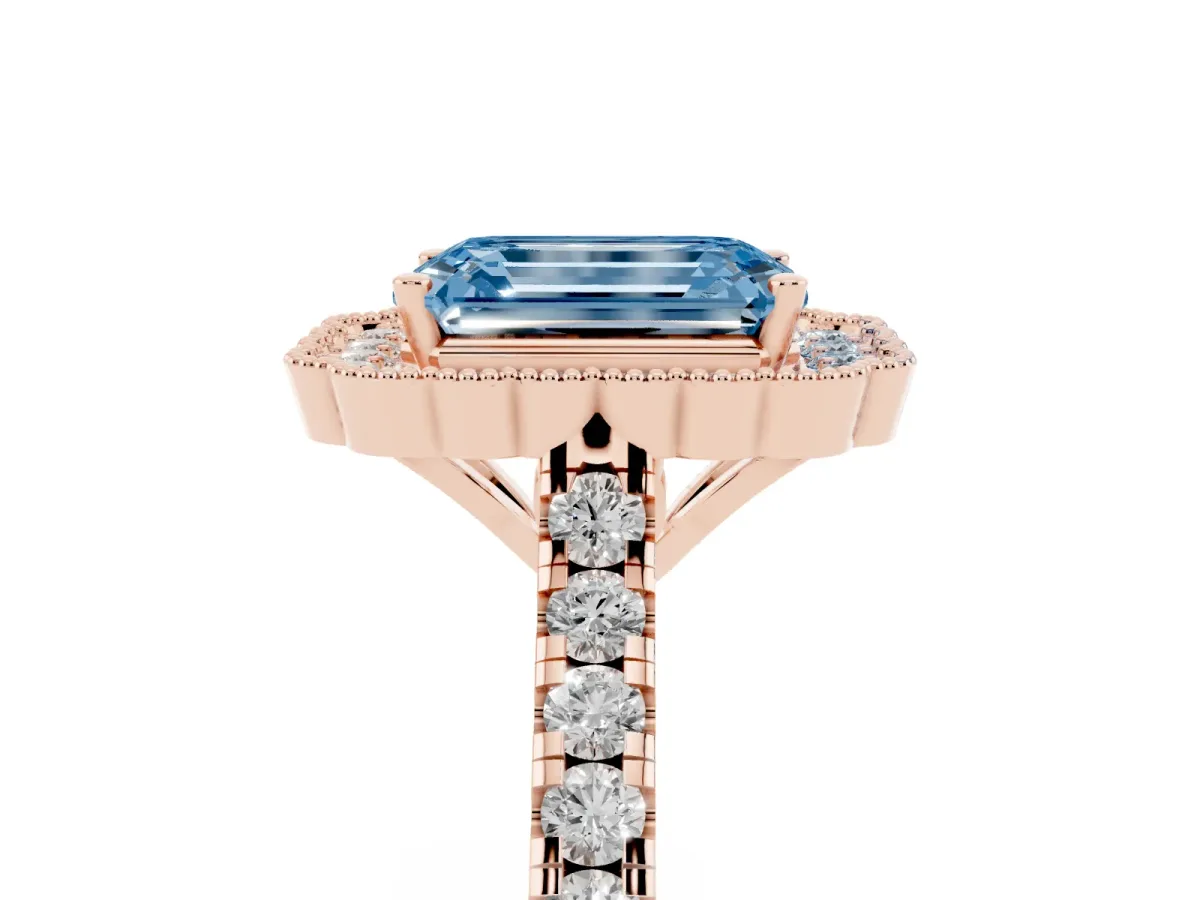 Fancy Blue Emerald Cut Cut Diamond Milgrain Floral Halo Engagement Ring with Pavé Band Rose gold