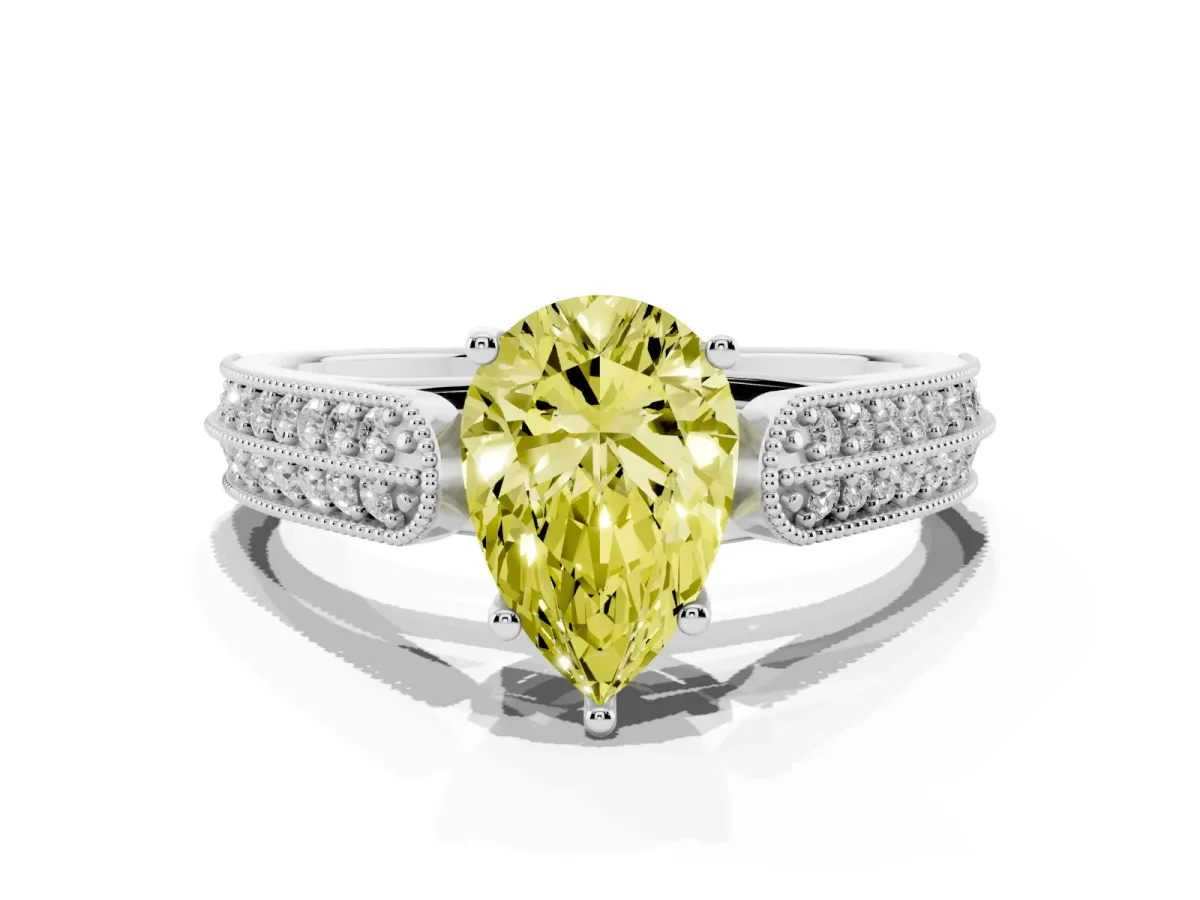 Fancy Yellow Pear Cut Cut Pave Split Shank Engagement Ring with Four-Prong Setting White gold
