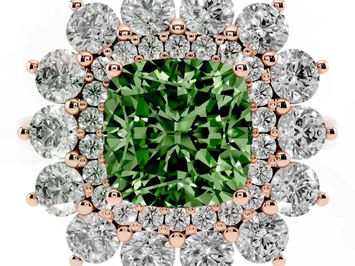 Fancy Green Cushion Cut Diamond Floral Double Halo Engagement Ring with Prong Setting Rose gold