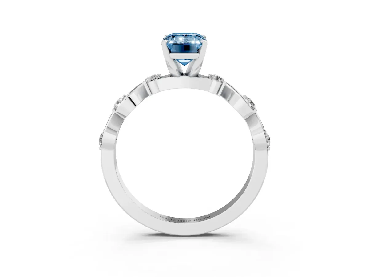 Fancy Blue Emerald Cut Diamond Solitaire Twisted Band with Round Accents and Prong Setting Platinum