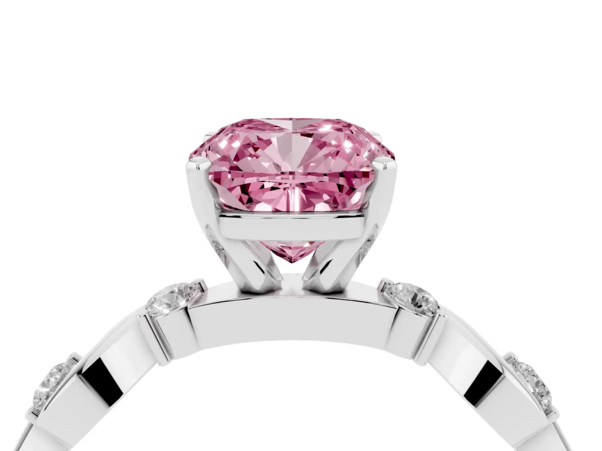 Fancy Pink Cushion Cut Diamond Solitaire Twisted Band with Round Accents and Prong Setting Silver