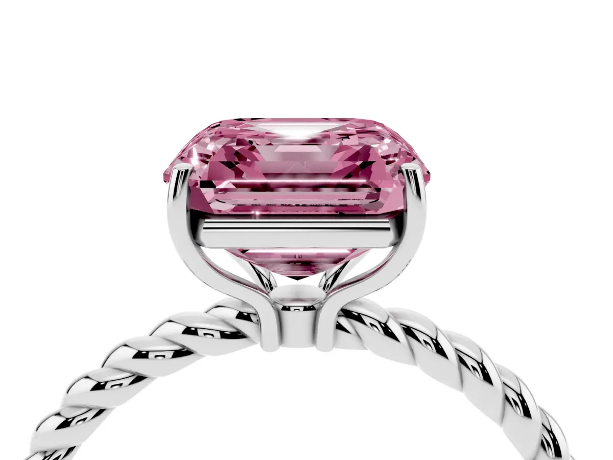 Fancy Pink Asscher Cut Solitaire Twist Band Ring with Four-Prong Setting Silver