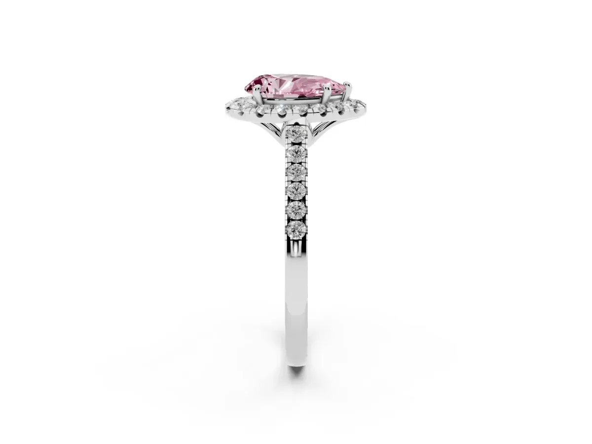 Fancy Pink Pear Cut Halo Pavé Diamond Engagement Ring with Four-Prong Setting Platinum