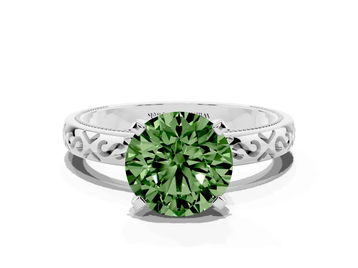 Fancy Green Round Cut Solitaire Engagement Ring with Scrollwork Band and Four-Prong Setting Silver