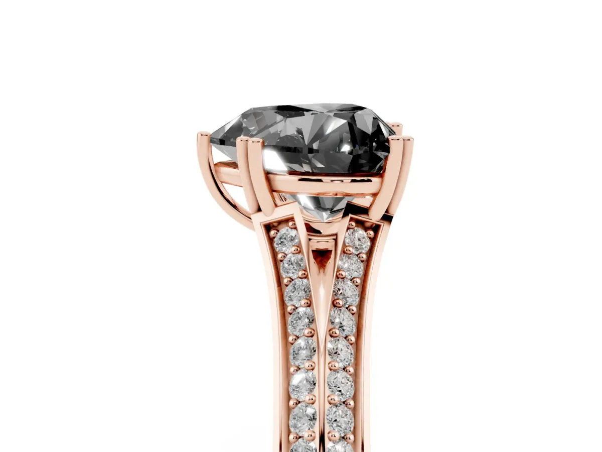 Fancy Black Heart Cut Diamond Split Shank Engagement Ring with Pavé Band Rose gold