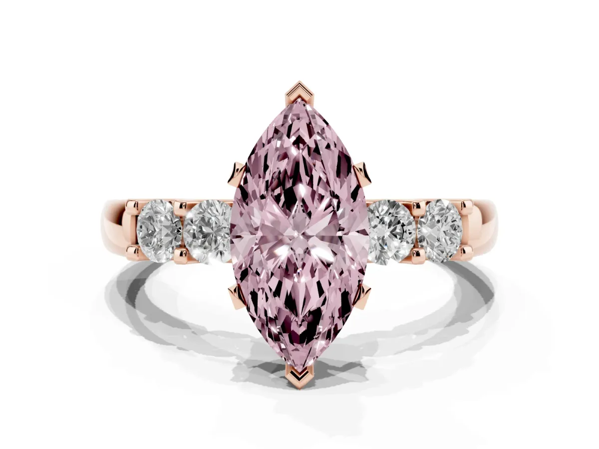 Fancy Pink Marquise Cut Brilliant Cut Diamond Five-Stone Prong Set Engagement Ring with Channel Band Rose gold