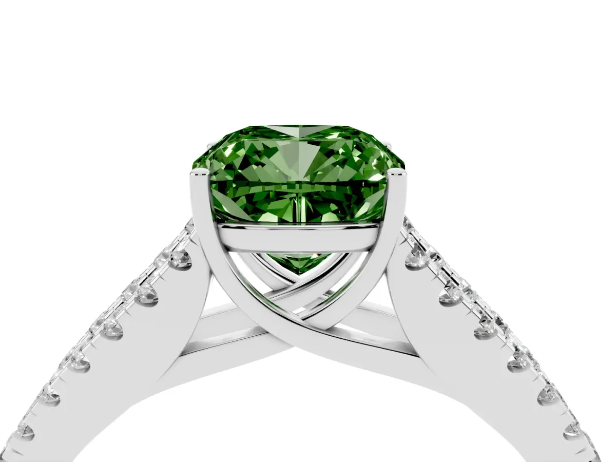 Fancy Green Cushion Cut Diamond Split Shank Engagement Ring with Round Pavé and Prong Setting Silver