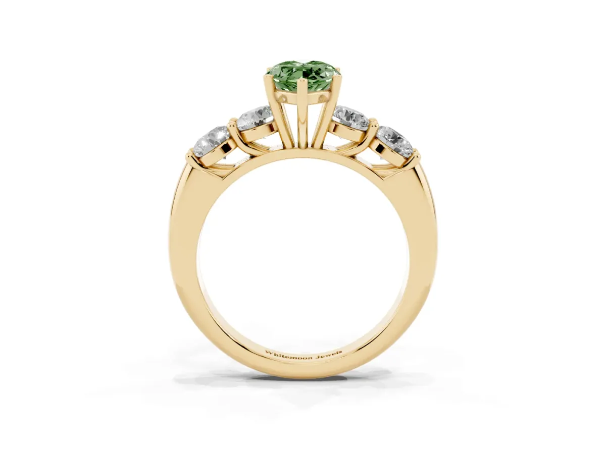 Fancy Green Marquise Cut Cut Five-Stone Prong Set Diamond Ring with Classic Band Yellow gold