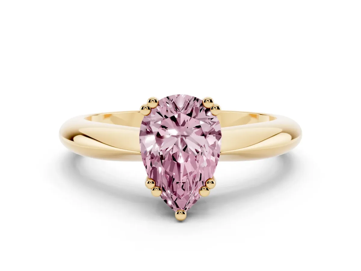 Fancy Pink Pear Cut Cut Solitaire Engagement Ring with Tapered Band and Four-Prong Setting Yellow gold