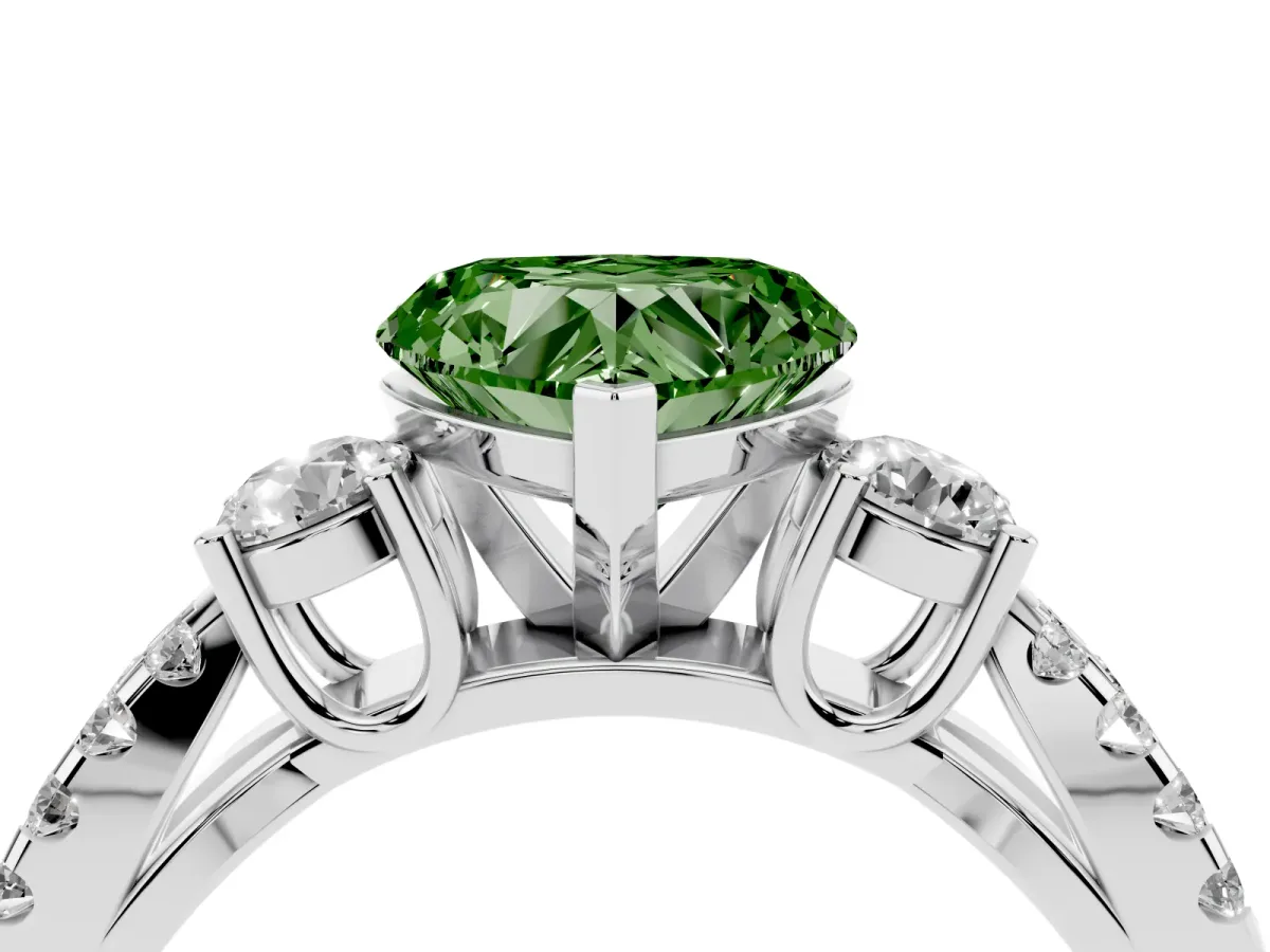 Fancy Green Heart Cut Diamond Three-Stone Ring with Pavé Split Shank and Four-Prong Setting Platinum